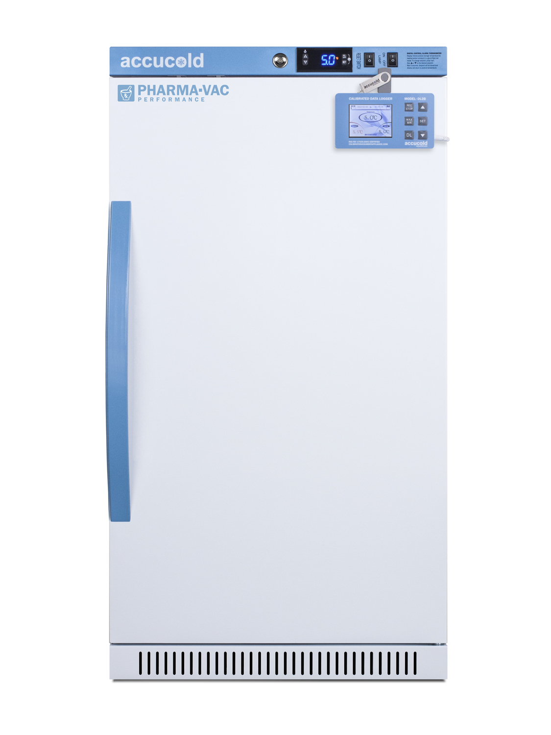 Performance series Pharma-Vac 2.83 cu.ft. ADA height solid door commercial all-refrigerator for the display and refrigeration of vaccines; designed for recessed or freestanding installation, with factory installed data logger